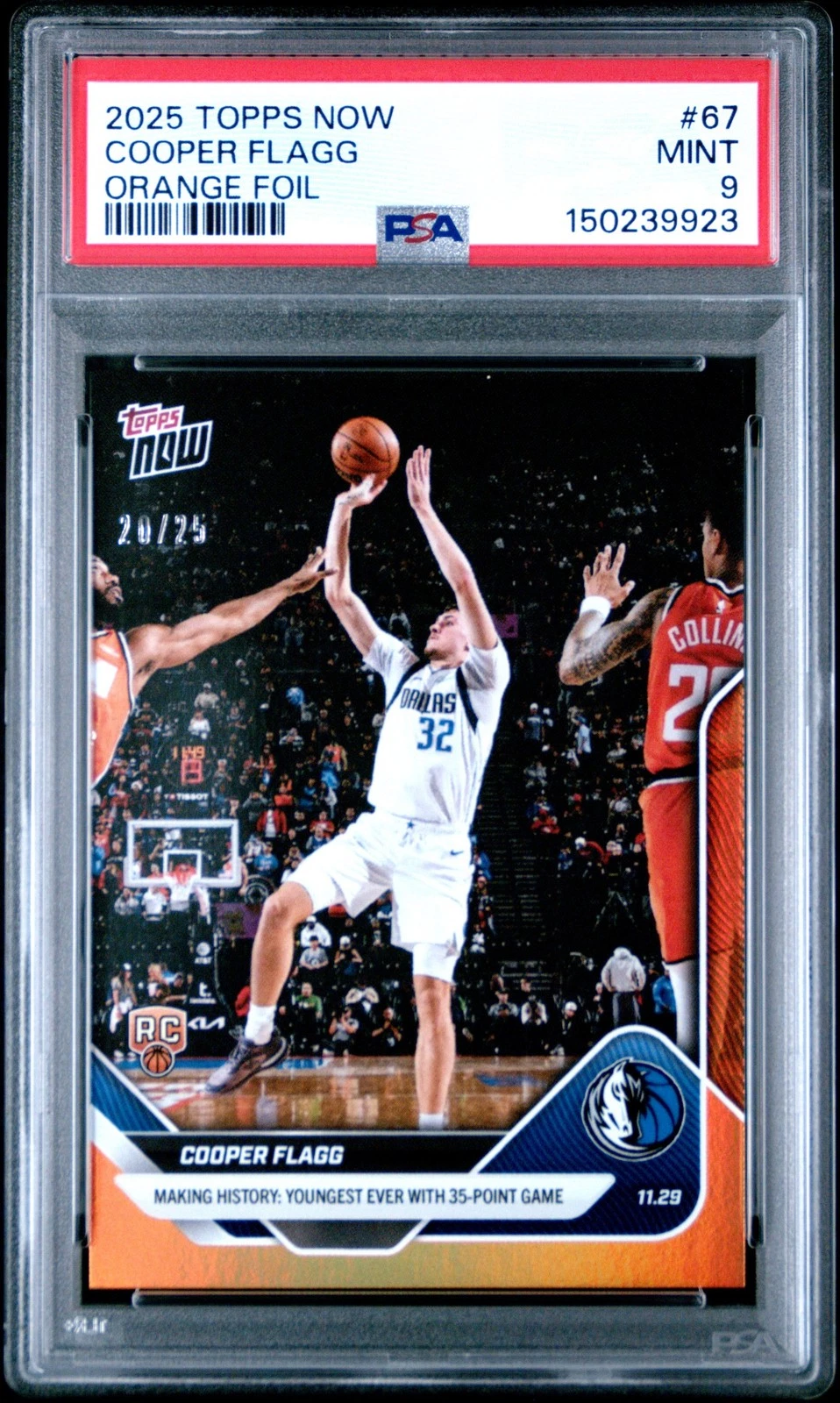 Graded 2025 Topps Now Cooper Flagg #67 Orange Foil /25 Rookie RC Card PSA 9 Mint