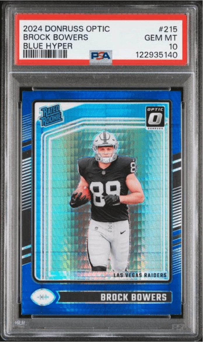 Graded 2024 Donruss Optic Brock Bowers #215 Blue Hyper RC Football Card PSA 10