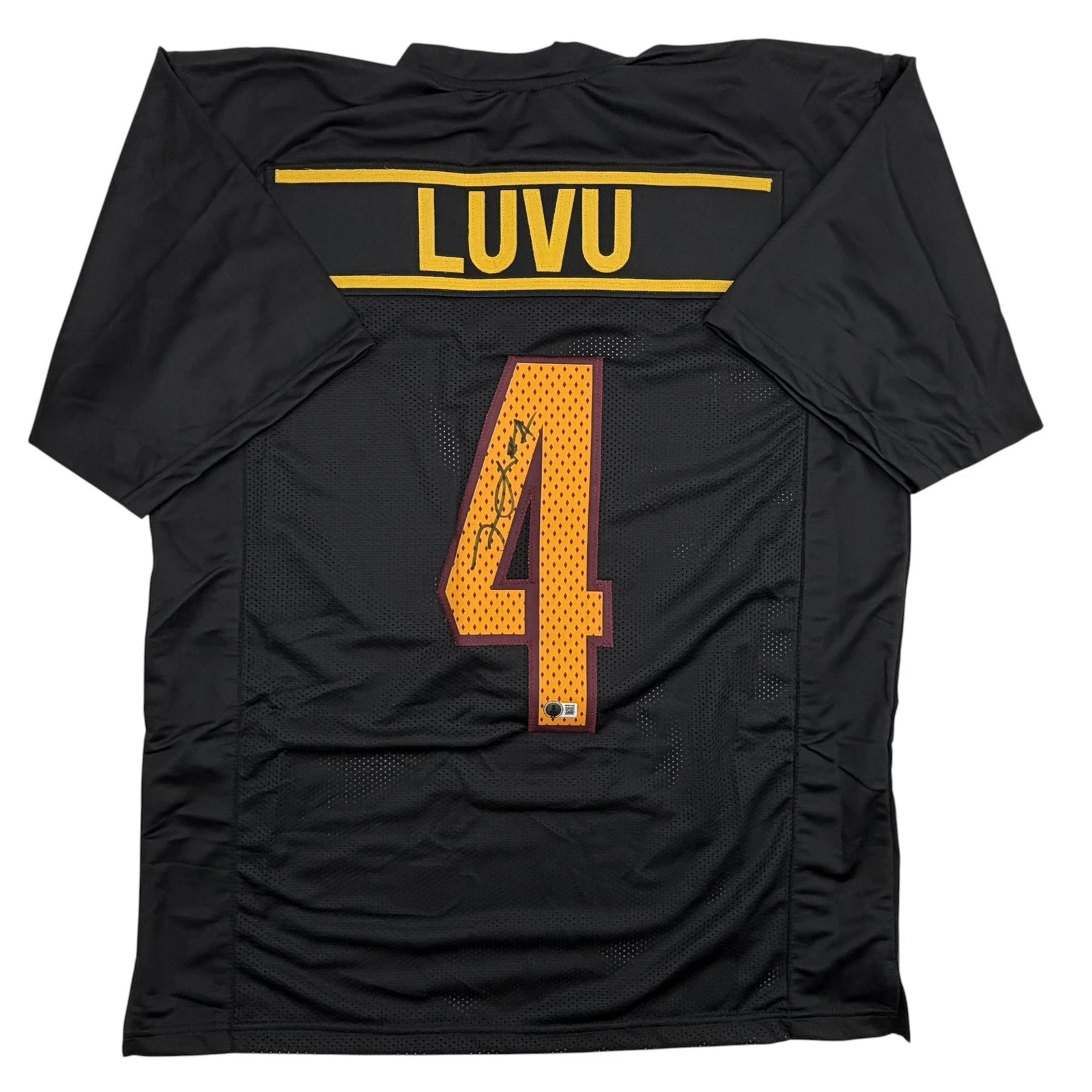 Autographed/Signed Frankie Luvu Washington Black Football Jersey Beckett BAS COA