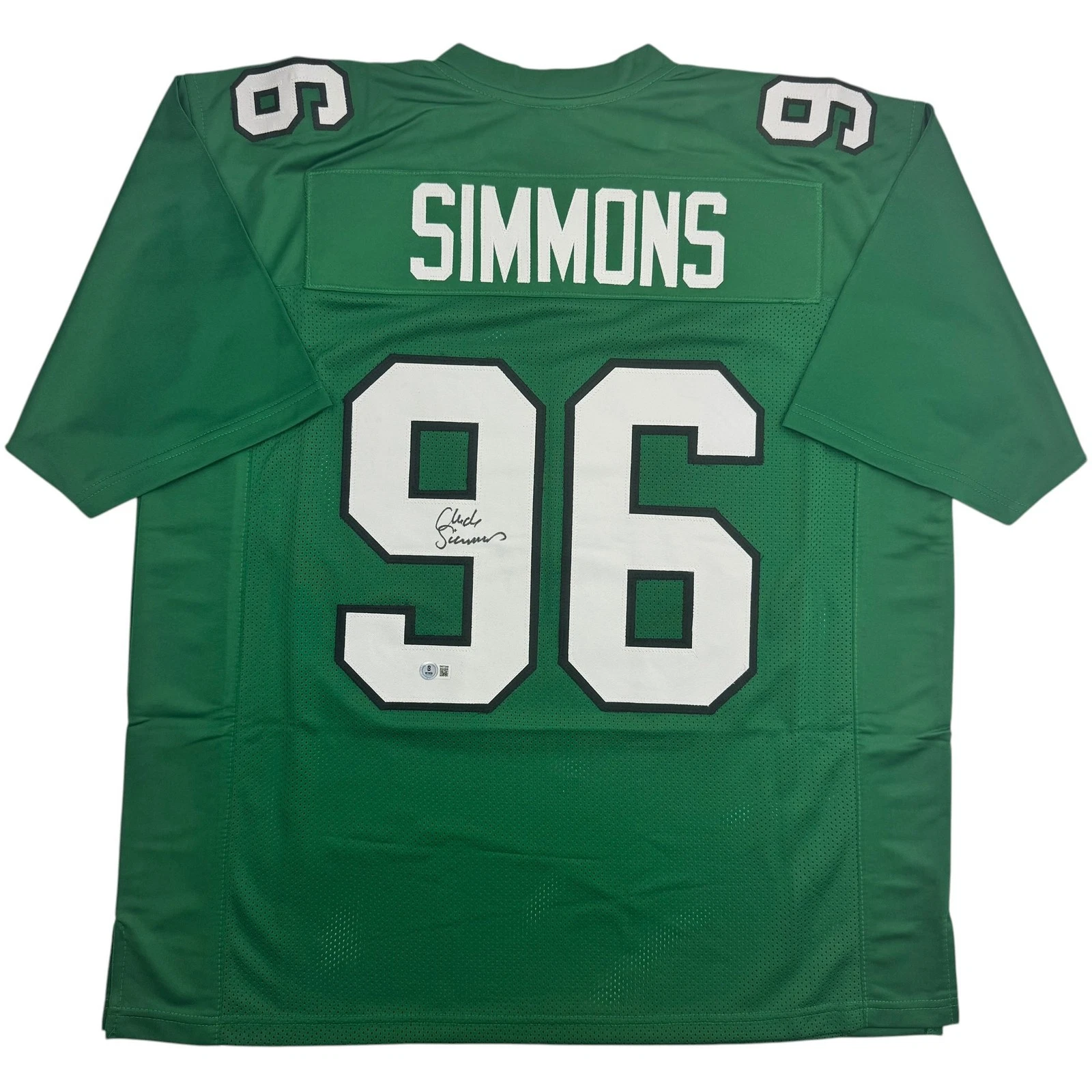 Autographed/Signed Clyde Simmons Philadelphia Green Football Jersey Beckett COA