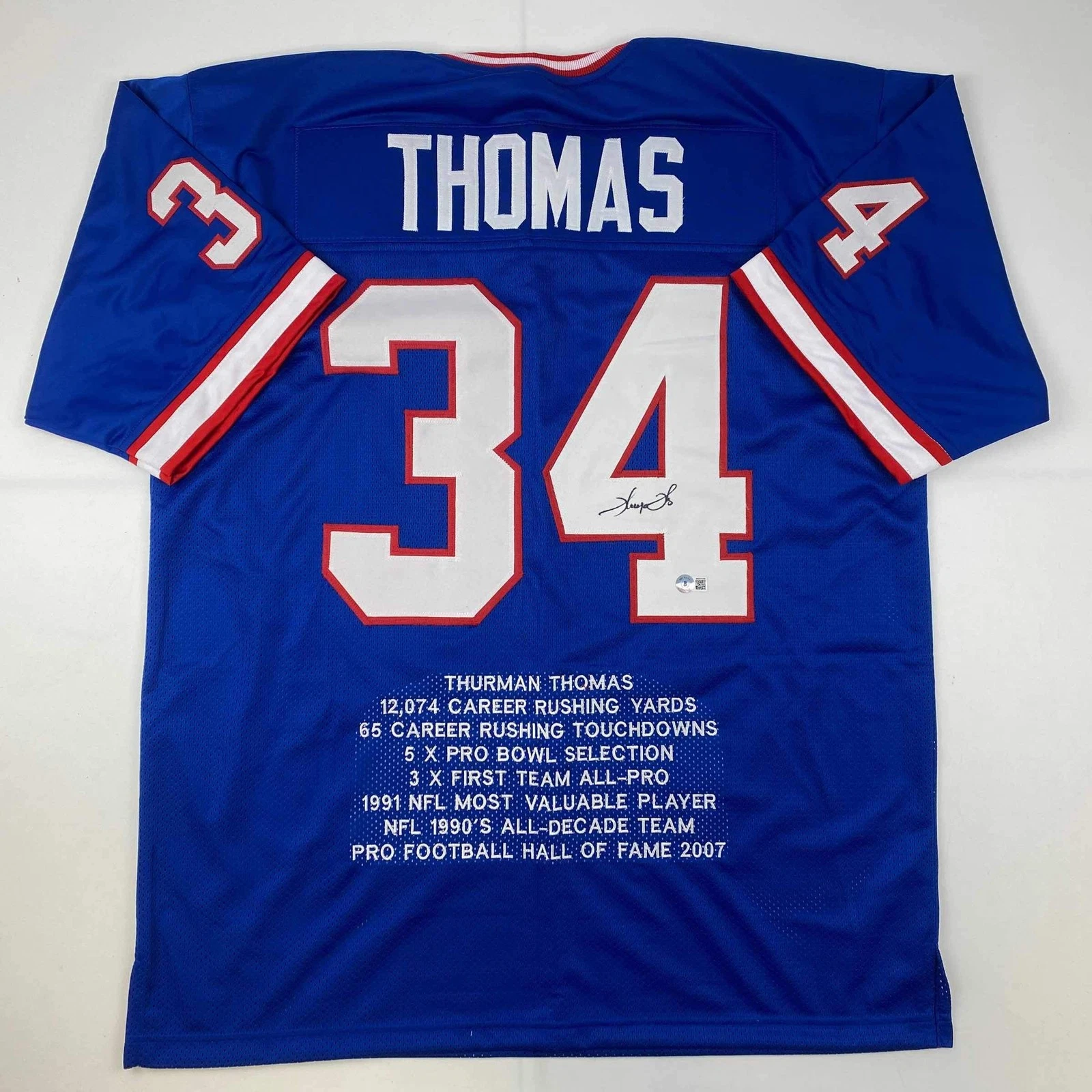 Autographed/Signed Thurman Thomas Buffalo Blue Stat Jersey Beckett BAS COA