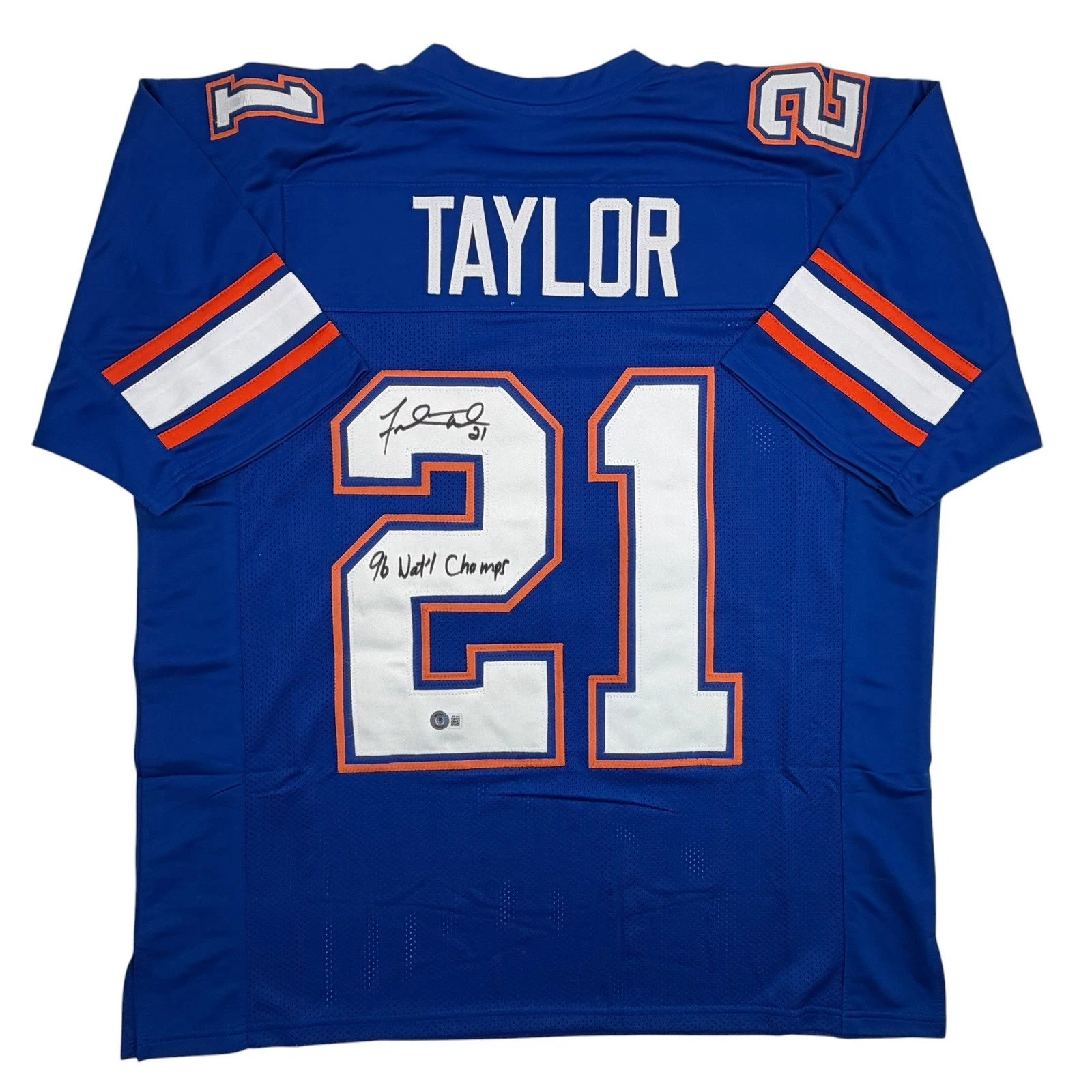 Autographed/Signed Fred Taylor 96 Champs Florida Blue Jersey Beckett BAS COA