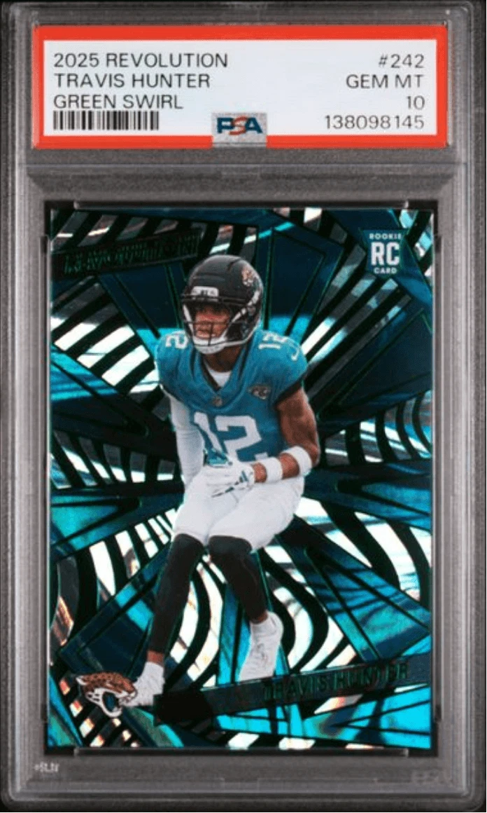 Graded 2025 Revolution Travis Hunter #242 Green Swirl /199 RC Card PSA 10