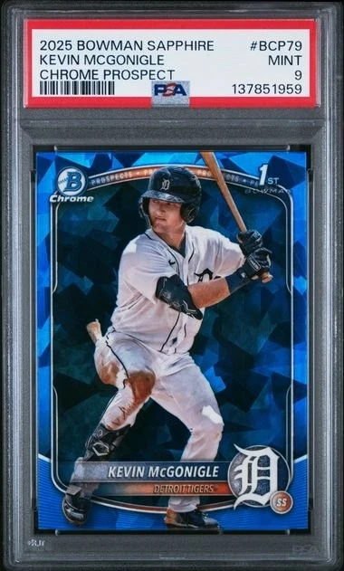 Graded 2025 Bowman Sapphire Kevin McGonigle #BCP79 Chrome Prospect RC PSA 9 Mint