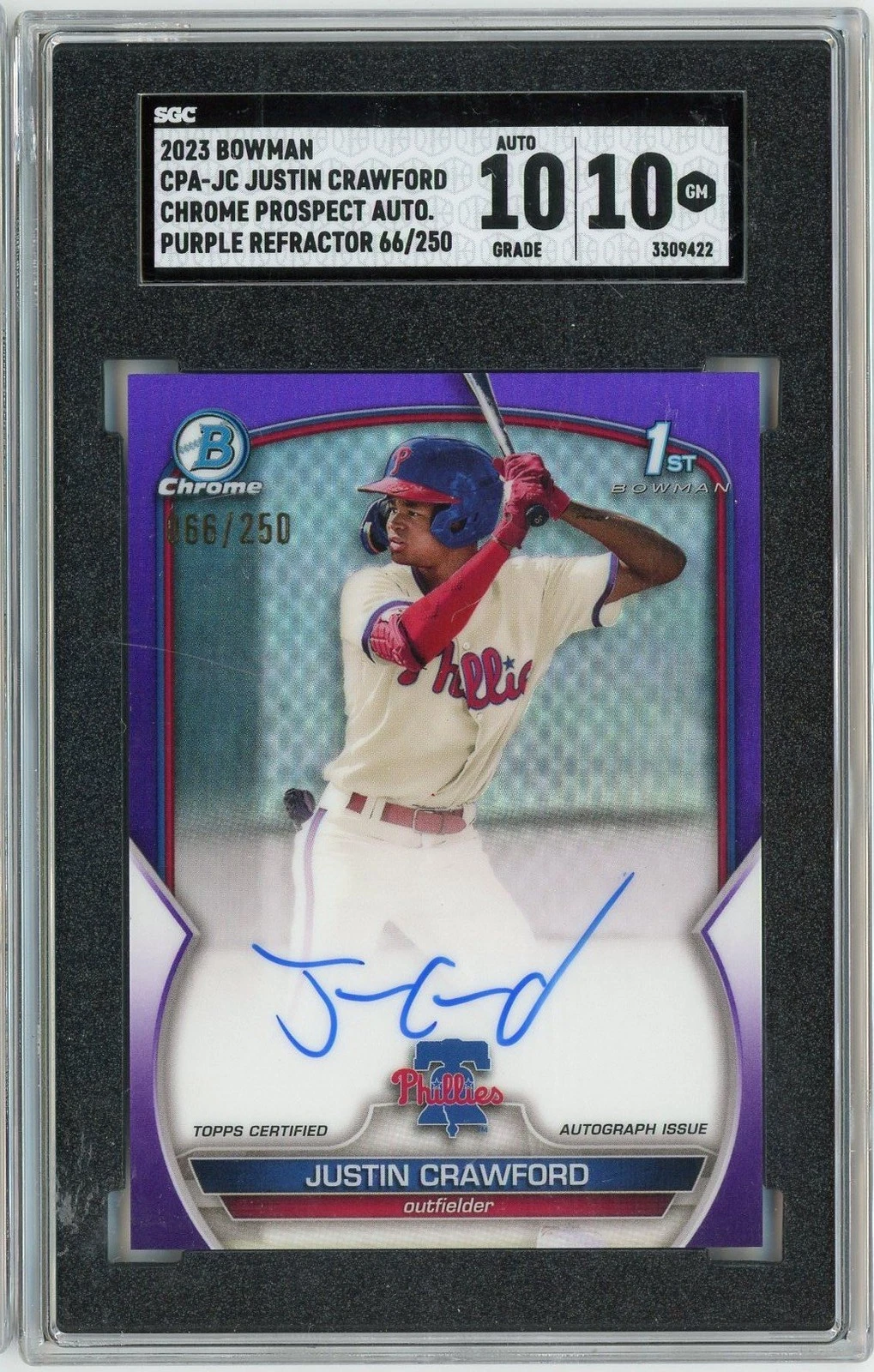 Graded 2023 Bowman Justin Crawford CPAJC /250 Auto Purple Refractor RC SGC 10