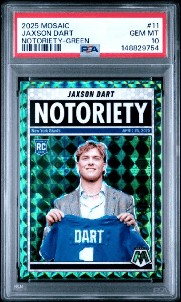 Graded 2025 Mosaic Jaxson Dart #11 Notoriety Green Rookie Football Card PSA 10