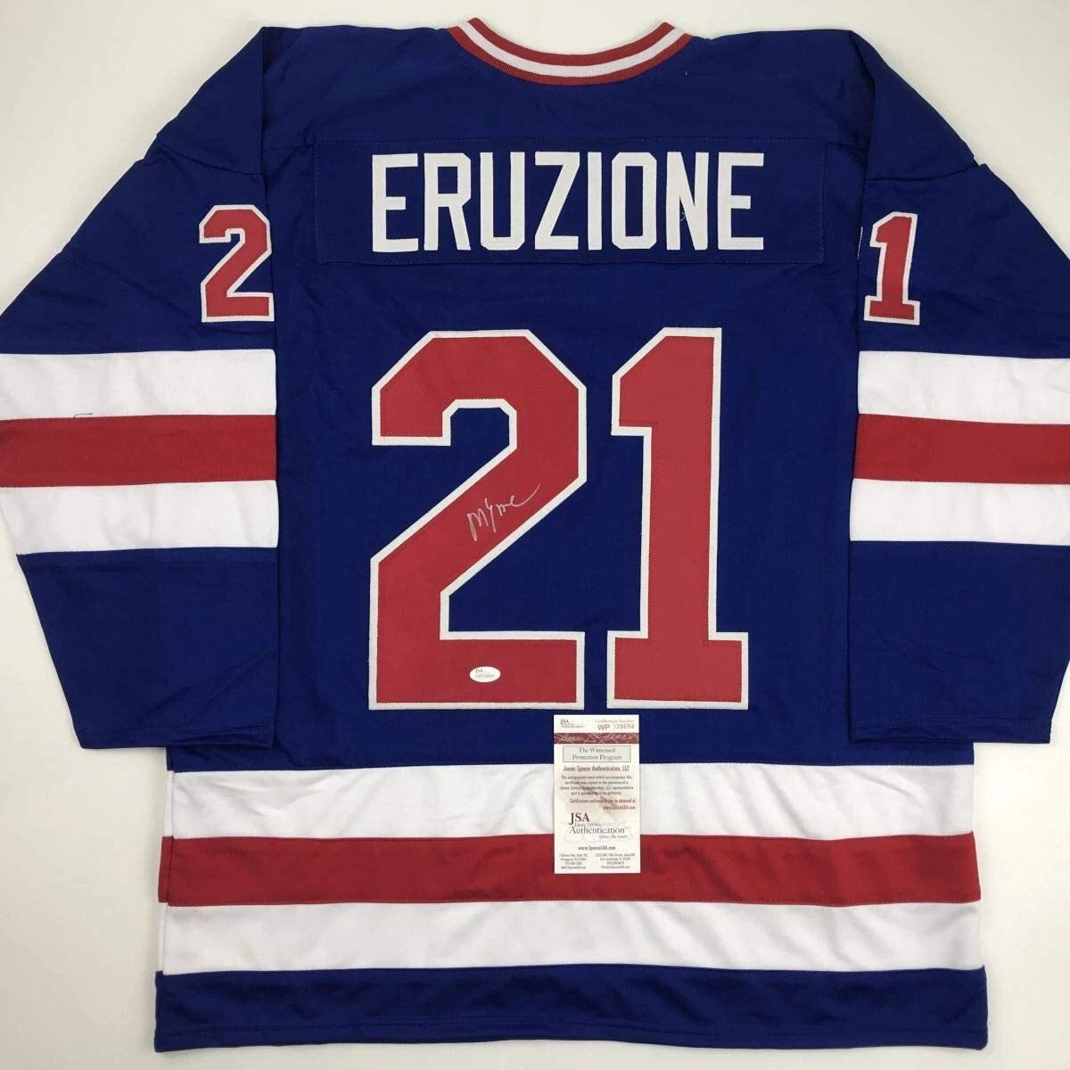 Autographed/Signed Mike Eruzione Blue Team Miracle On Ice 1980 Jersey JSA COA