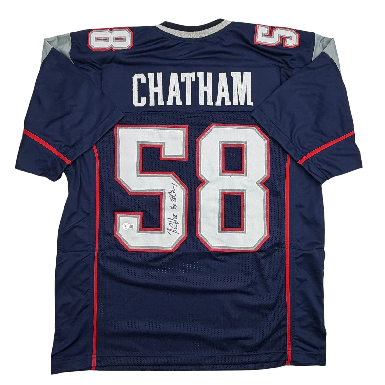 Autographed/Signed Matt Chatham 3x SB Champ New England Blue Jersey Beckett COA