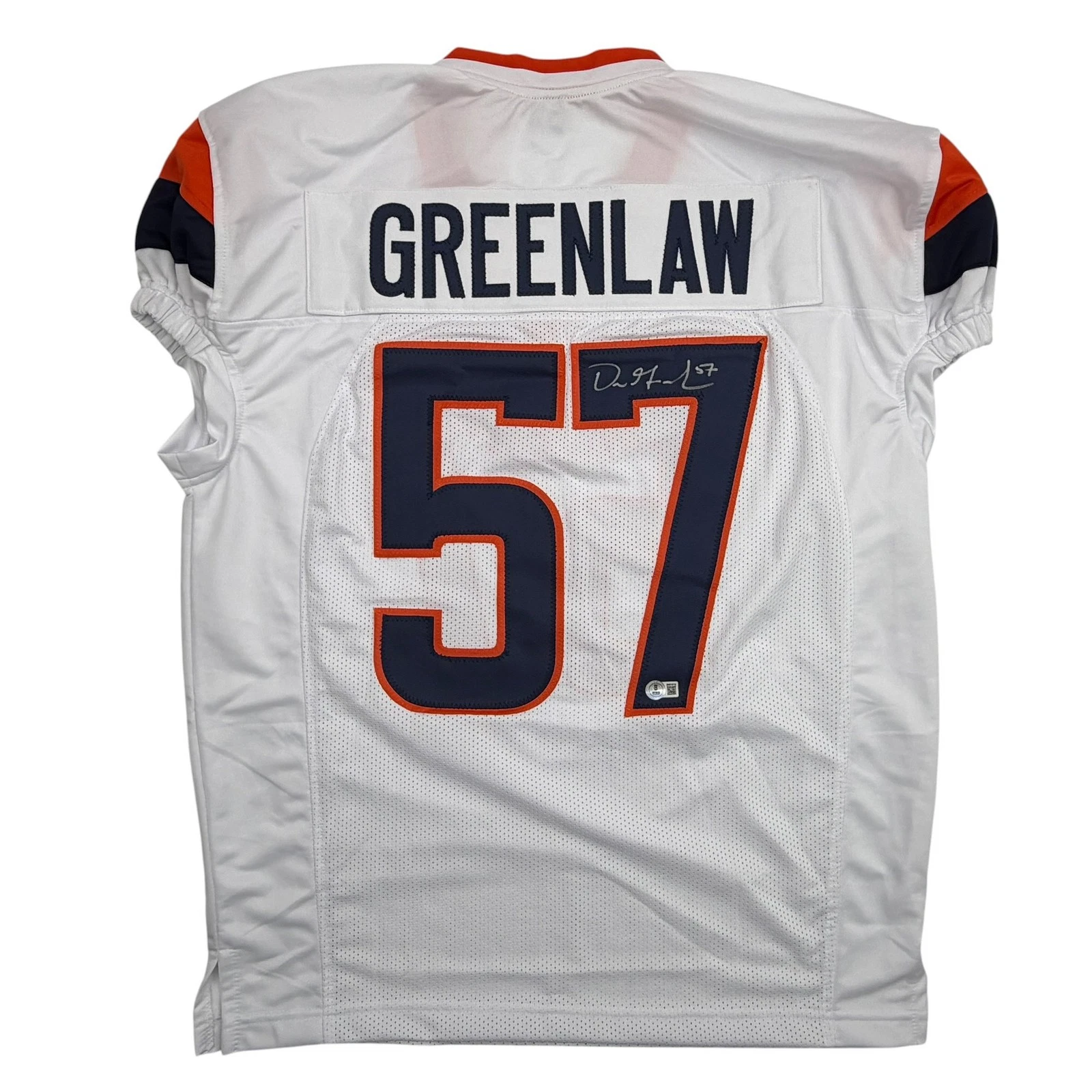 Autographed/Signed Dre Greenlaw Denver White Pro Cut Football Jersey Beckett COA