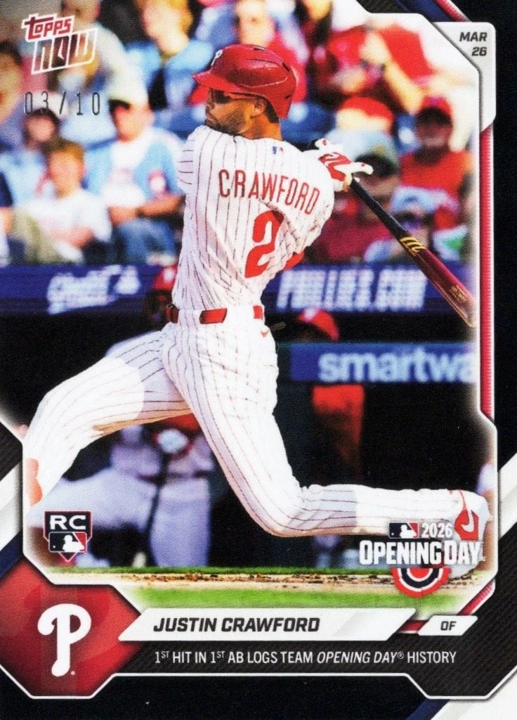 2026 Topps Now Justin Crawford #9 Black Foil /10 Rookie RC Baseball Card