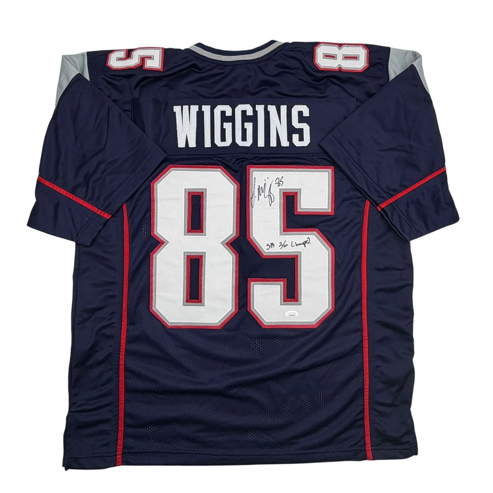 Autographed/Signed Jermaine Wiggins SB 36 Champs New England Blue Jersey JSA COA
