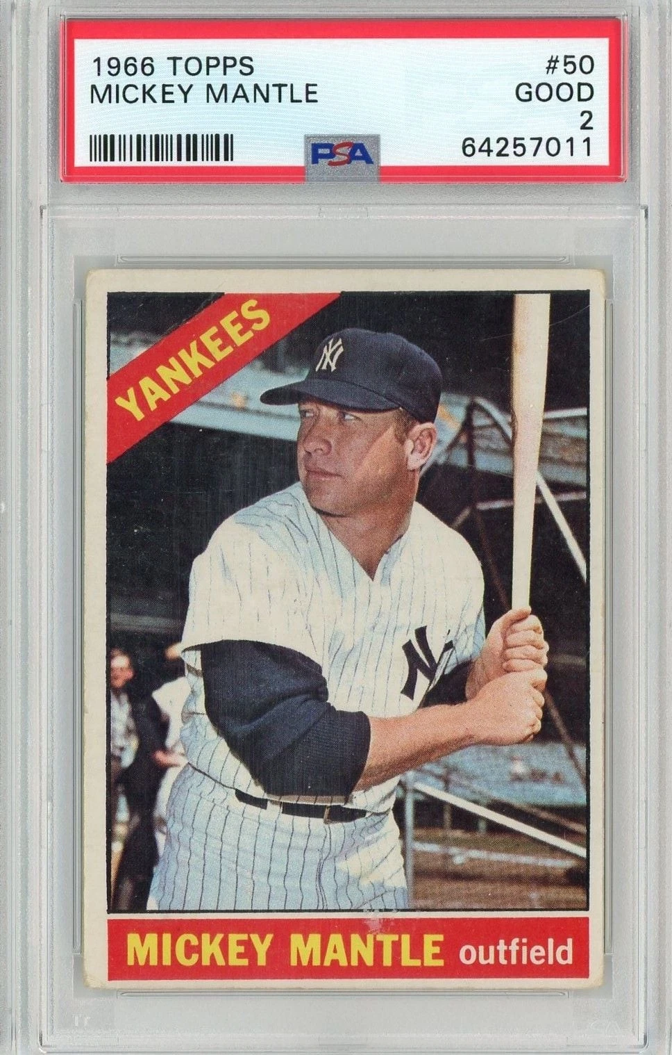 Graded 1966 Topps Mickey Mantle #50 Baseball Card PSA 2 Good