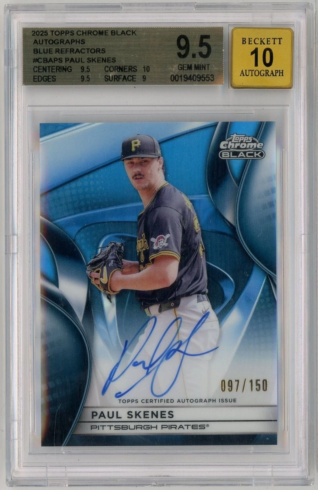 Graded 2025 Topps Chrome Black Paul Skenes CBAPS 150 Blue Refractor Auto BGS 9.5