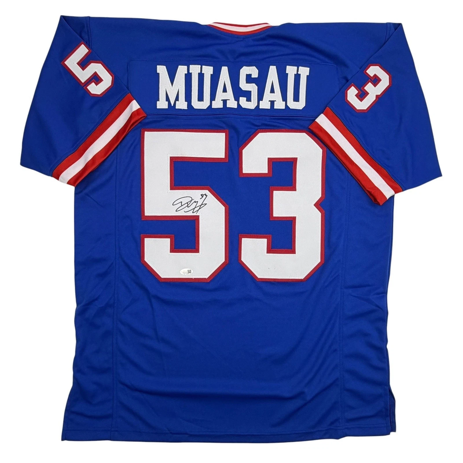 Autographed/Signed Darius Muasau New York Blue Retro Football Jersey JSA COA