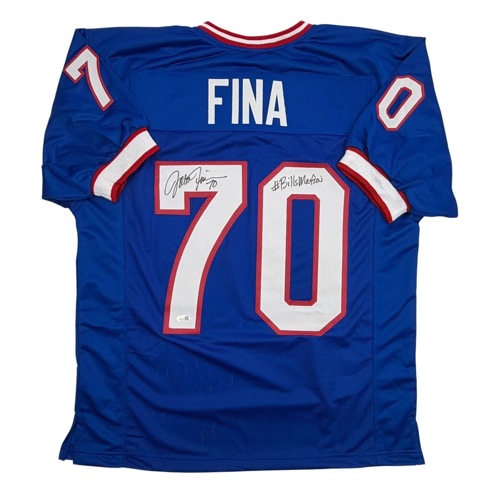 Autographed/Signed John Fina Buffalo Blue Football Jersey JSA COA