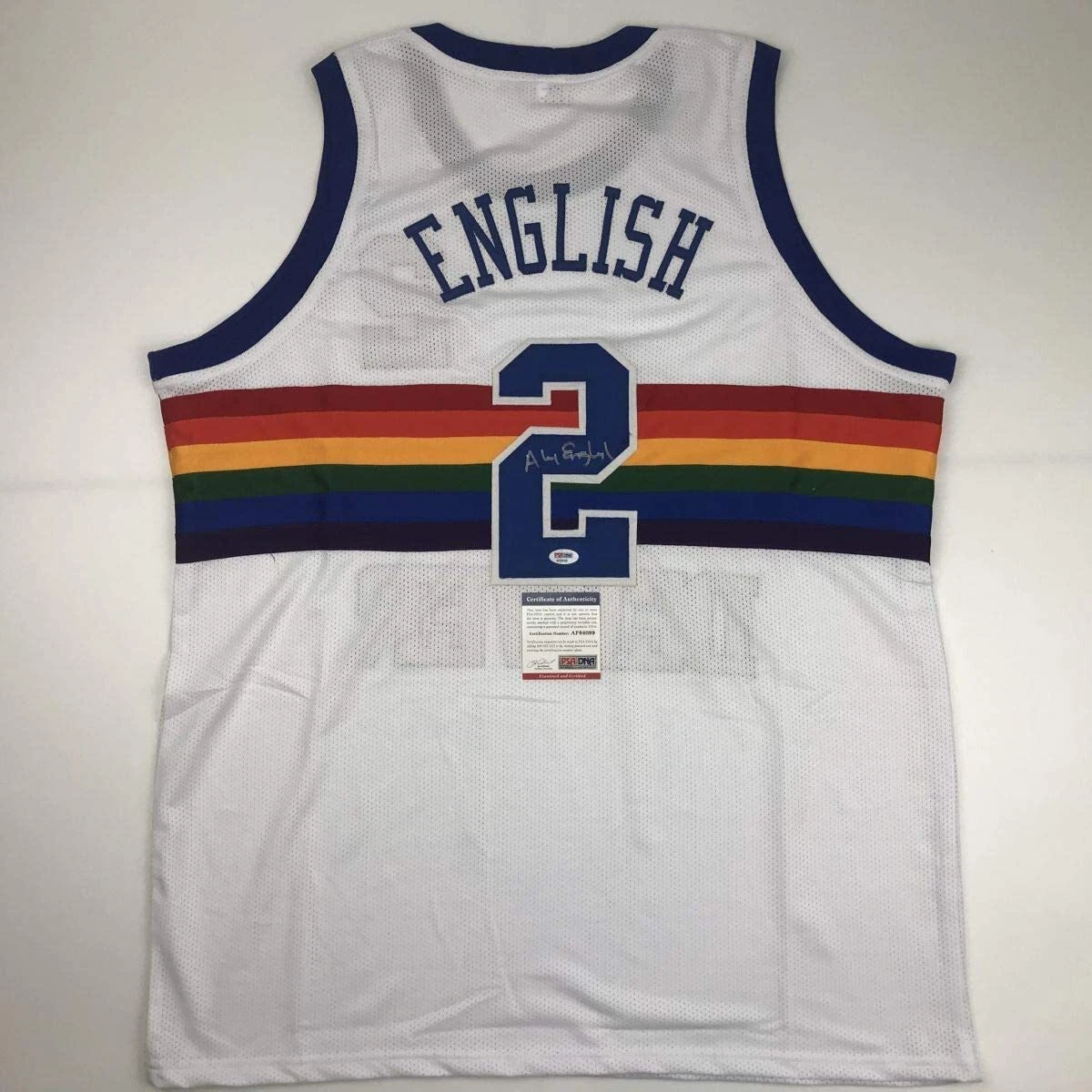 Autographed/Signed ALEX ENGLISH Denver White Basketball Jersey PSA/DNA COA Auto