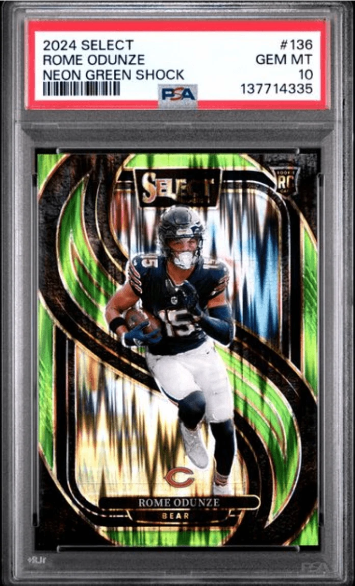 Graded 2024 Select Rome Odunze #136 Neon Green Shock RC Football Card PSA 10