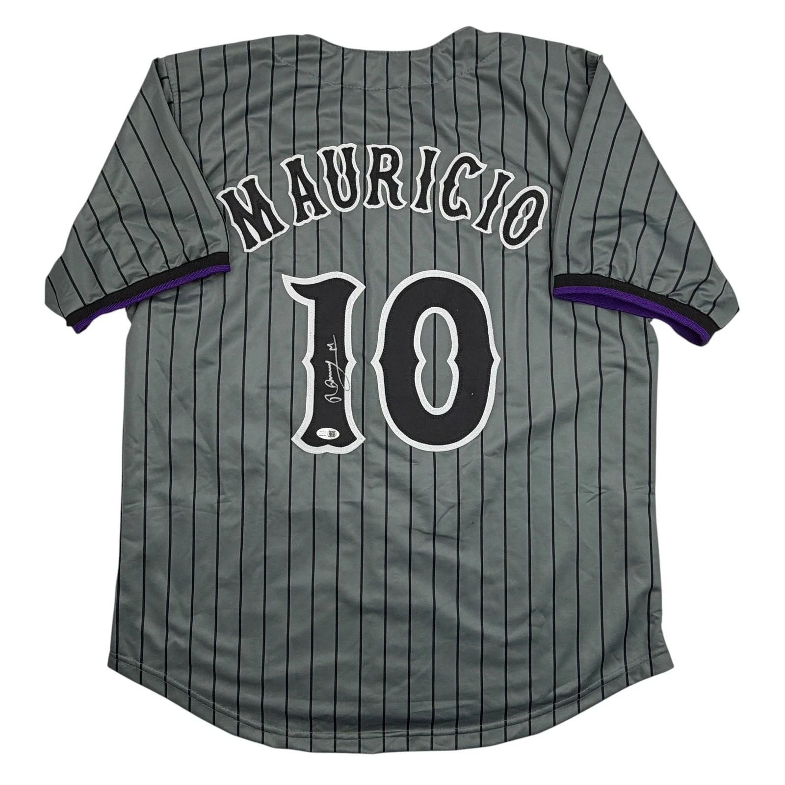 Autographed/Signed Ronny Mauricio New York Grey Pinstripe Jersey Beckett BAS COA