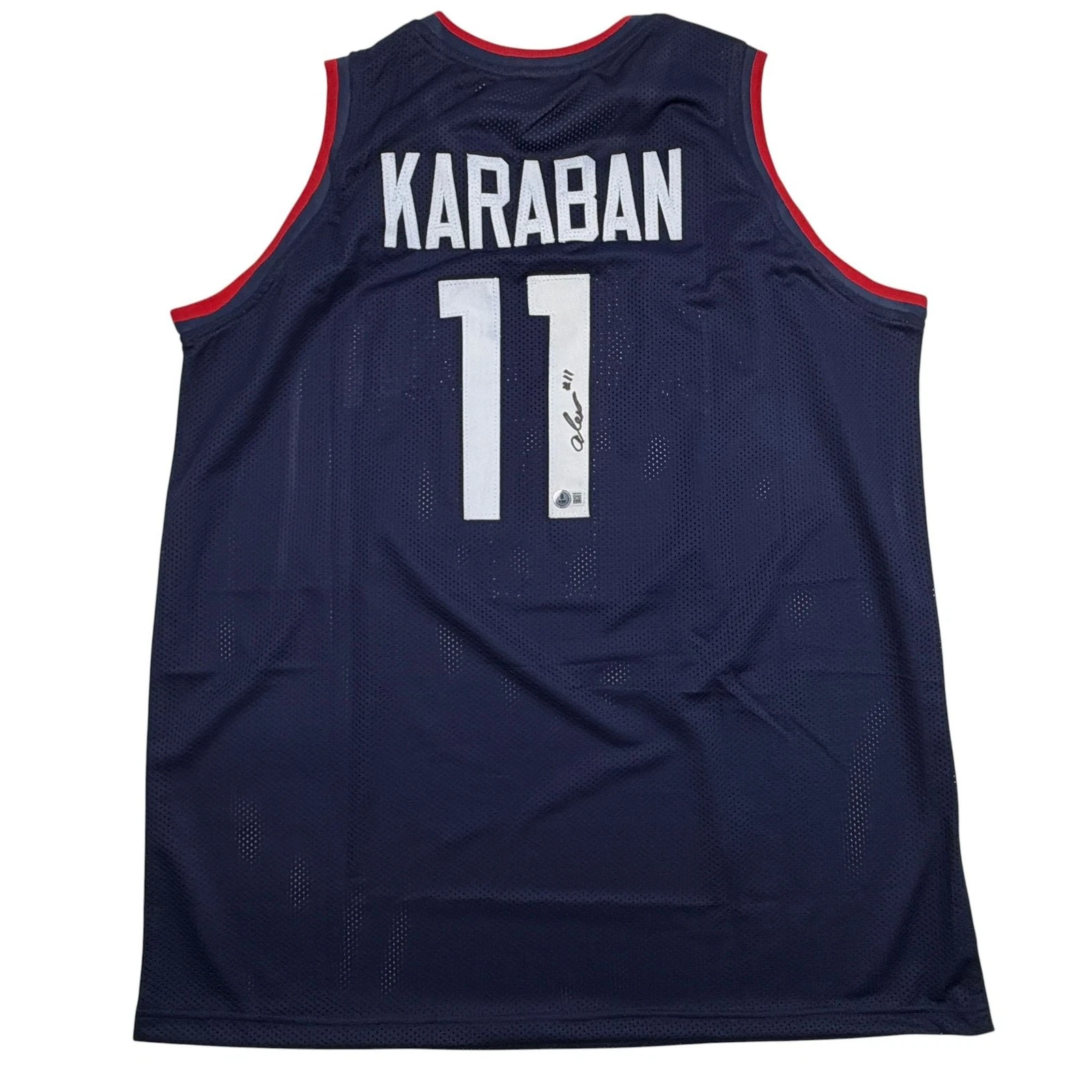 Autographed/Signed Alex Karaban UConn Connecticut Blue Jersey Beckett BAS COA