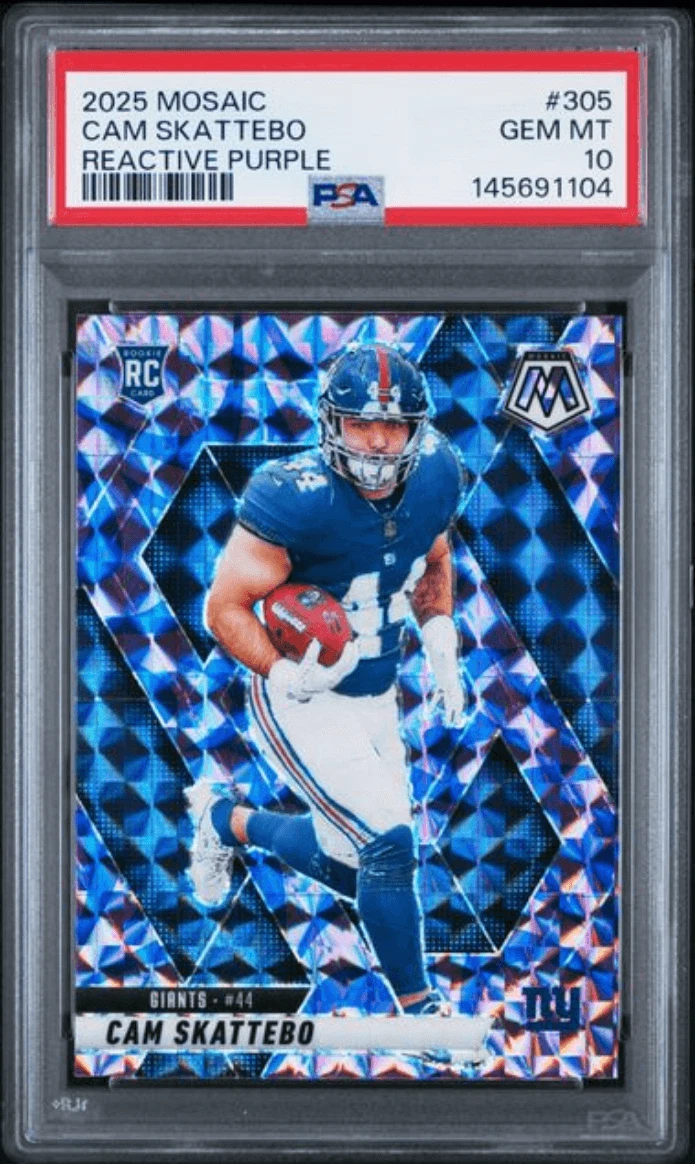 Graded 2025 Mosaic Cam Skattebo #305 Reactive Purple Rookie Football Card PSA 10