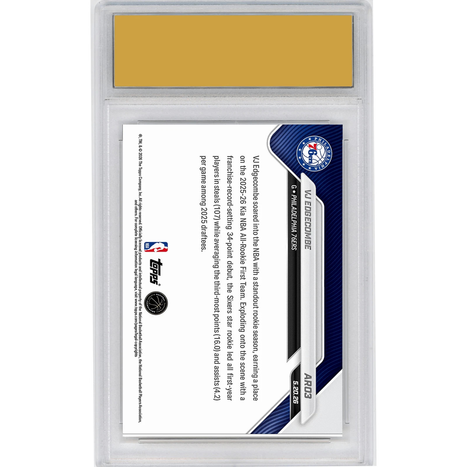 Graded 2025 Topps Now VJ Edgecombe #AR03 Rookie RC Basketball Card HOFSM 10