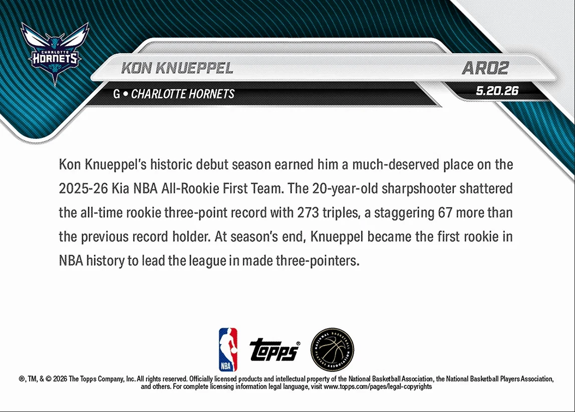2025 Topps Now Kon Knueppel #AR02 Charlotte Hornets Rookie RC Basketball Card