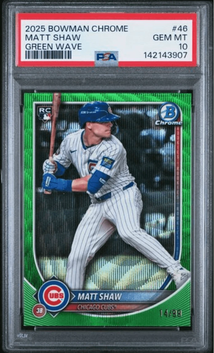 Graded 2025 Bowman Chrome Matt Shaw #46 Green Wave /99 RC Baseball Card PSA 10