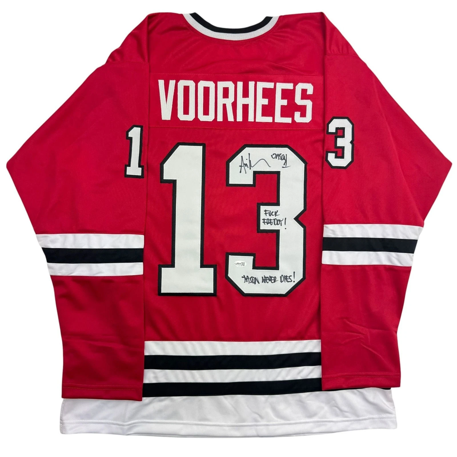 Autographed/Signed Ari Lehman Jason Voorhees Friday The 13th Red Jersey JSA COA