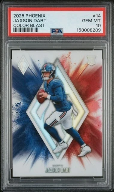 Graded 2025 Panini Phoenix Jaxson Dart #14 Color Blast RC Football Card PSA 10