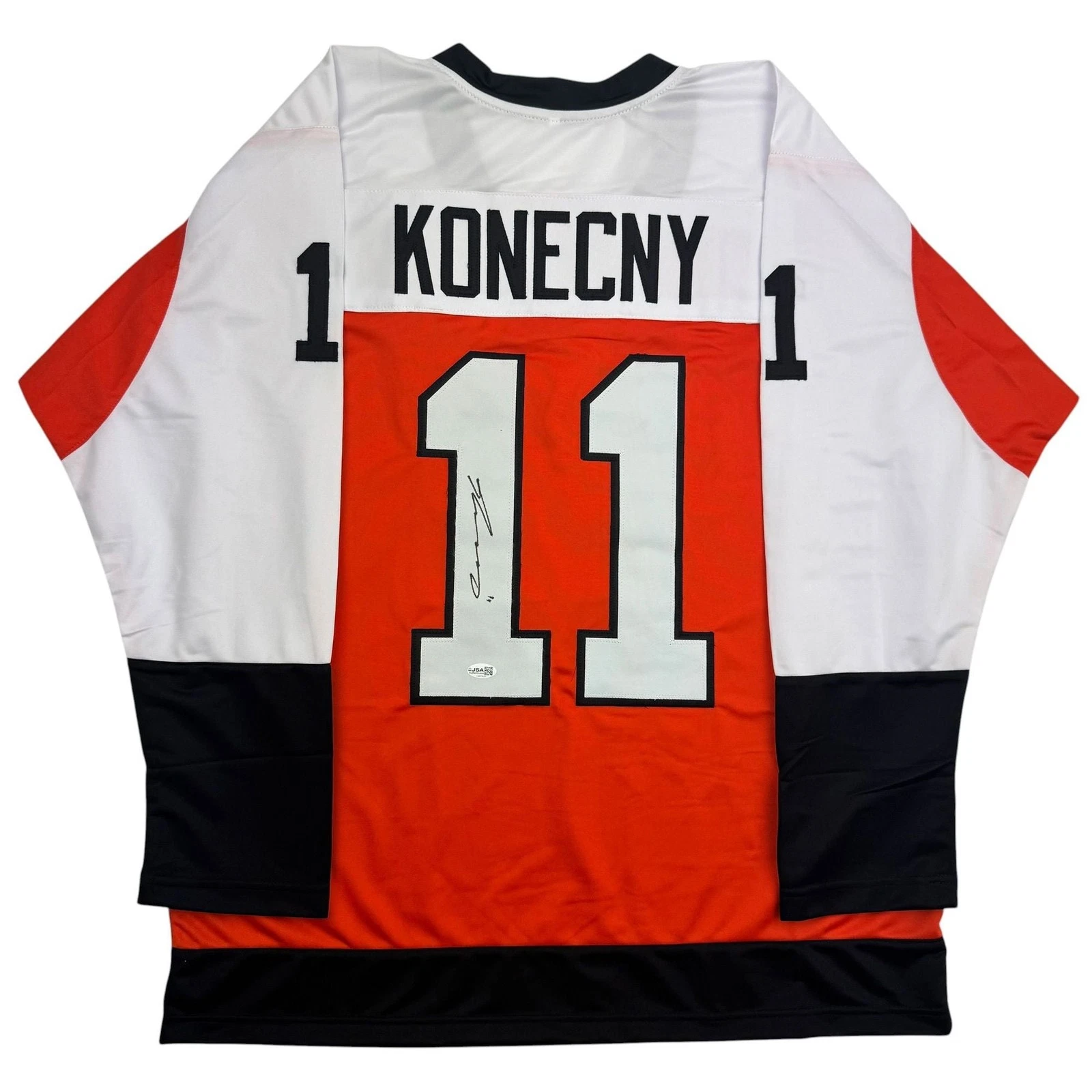 Autographed/Signed Travis Konecny Philadelphia Orange Hockey Jersey JSA COA