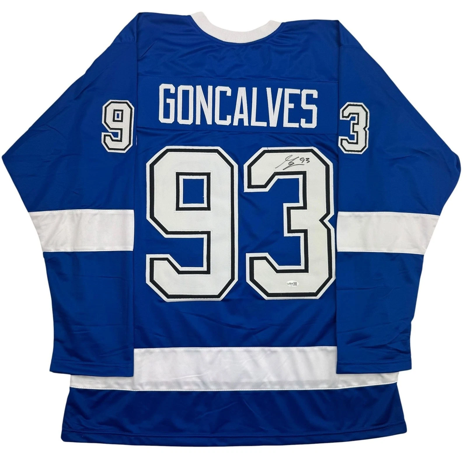 Autographed/Signed Gage Goncalves Tampa Bay Blue Hockey Jersey JSA COA