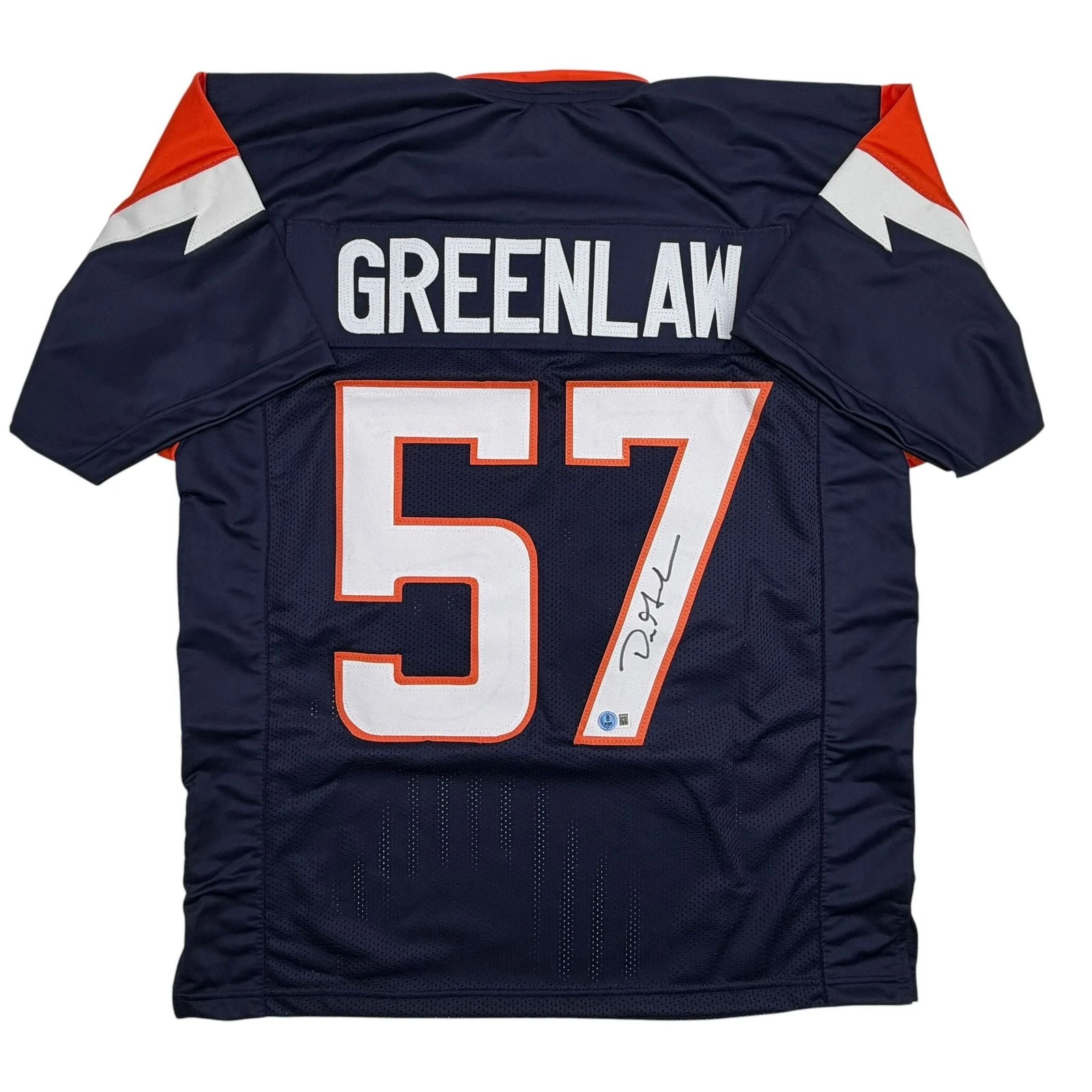 Autographed/Signed Dre Greenlaw Denver Blue Football Jersey Beckett BAS COA