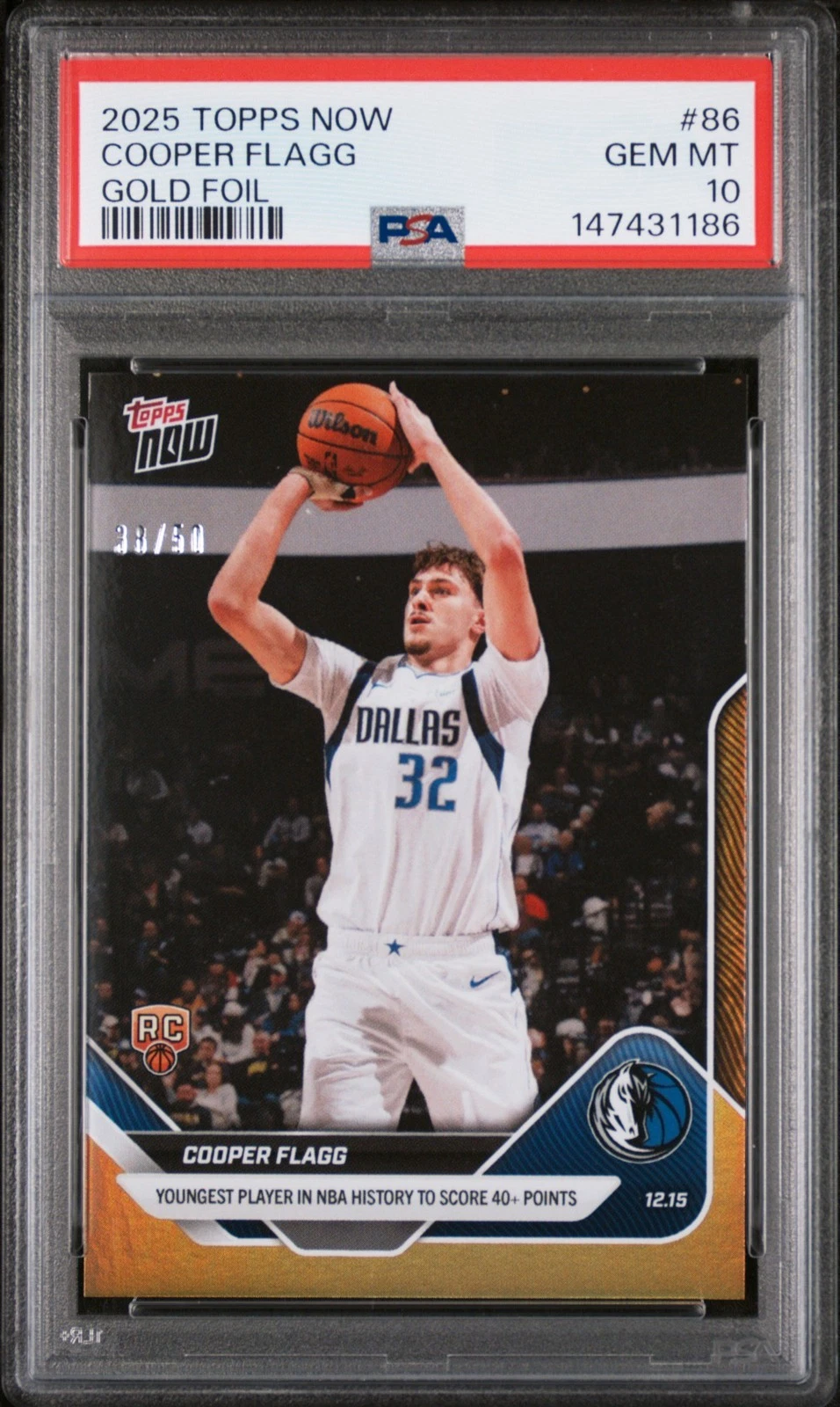 Graded 2025 Topps Now Cooper Flagg #86 Gold Foil /50 Rookie Card PSA 10 Gem Mint