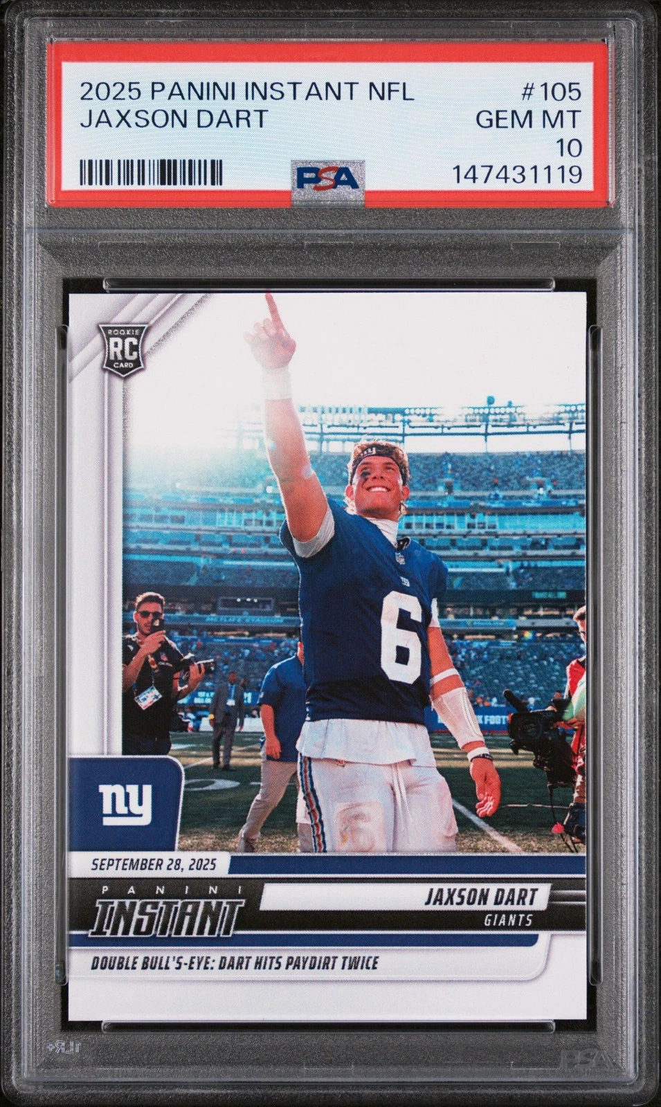 Graded 2025 Panini Instant Jaxson Dart #105 Rookie RC Football Card PSA 10