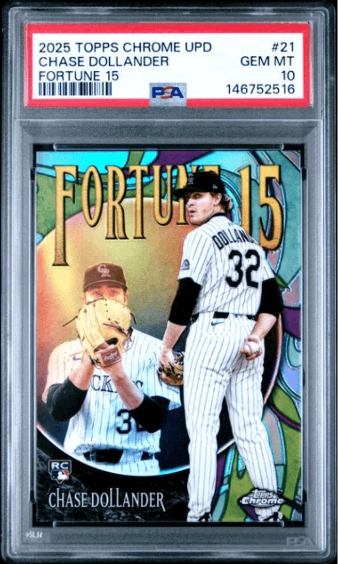 Graded 2025 Topps Chrome UPD Chase Dollander #21 Fortune 15 Baseball Card PSA 10