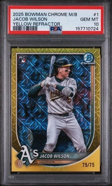 Graded 2025 Topps Bowman Chrome MB Jacob Wilson #1 Yellow REF /75 RC PSA 10