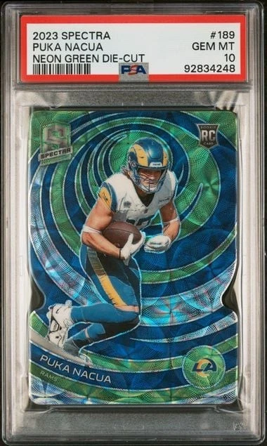 Graded 2023 Panini Spectra Puka Nacua #189 Neon Green Die Cut /30 RC PSA 10