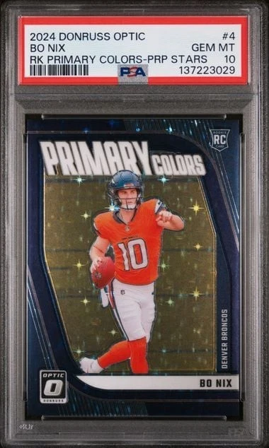 Graded 2024 Optic Bo Nix 4 Primary Colors Purple Stars /25 RC PSA 10 Gem Mint