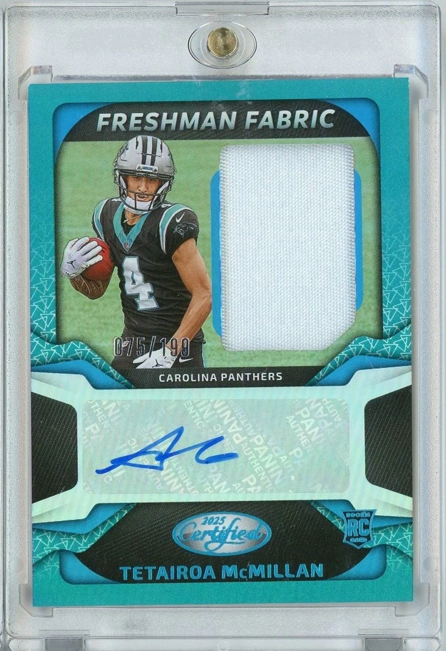 2025 Panini Certified Tetairoa McMillan FBCTMN Freshman Fabric Auto /199 RC