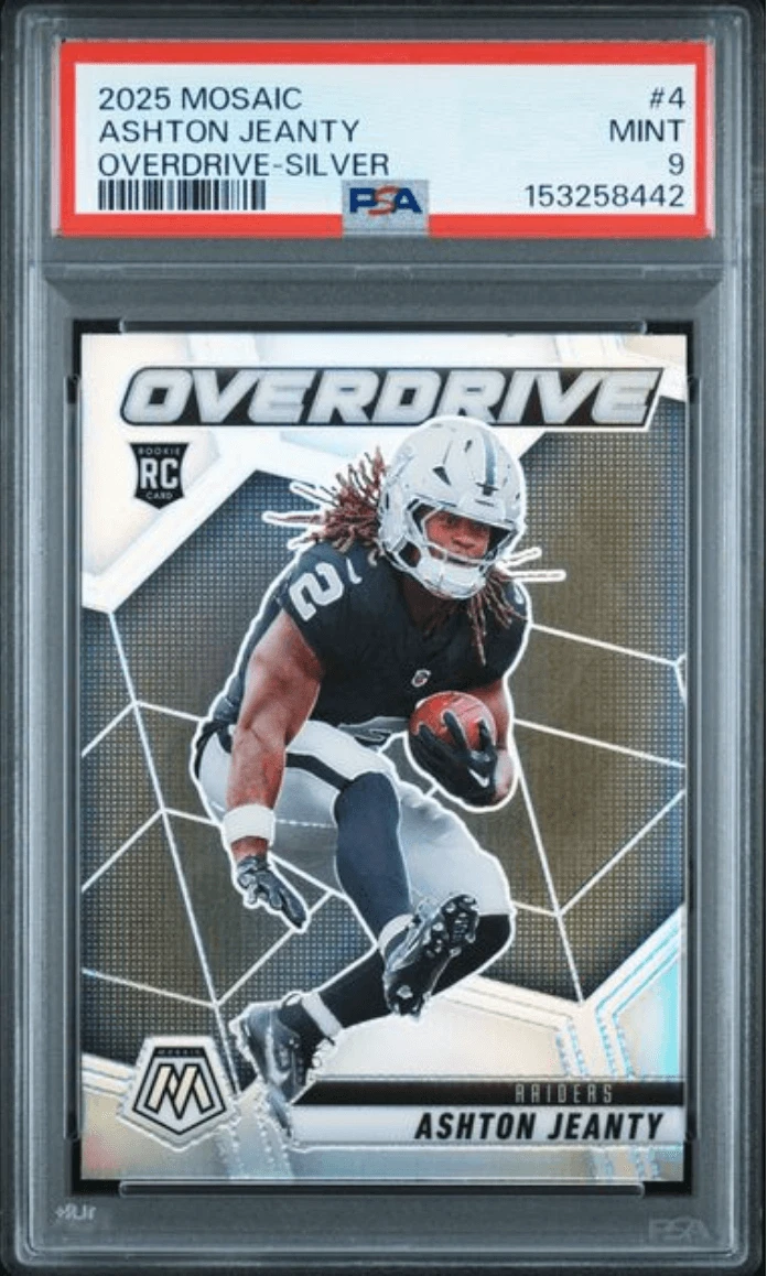 Graded 2025 Mosaic Ashton Jeanty #4 Overdrive Silver RC Football Card PSA 9