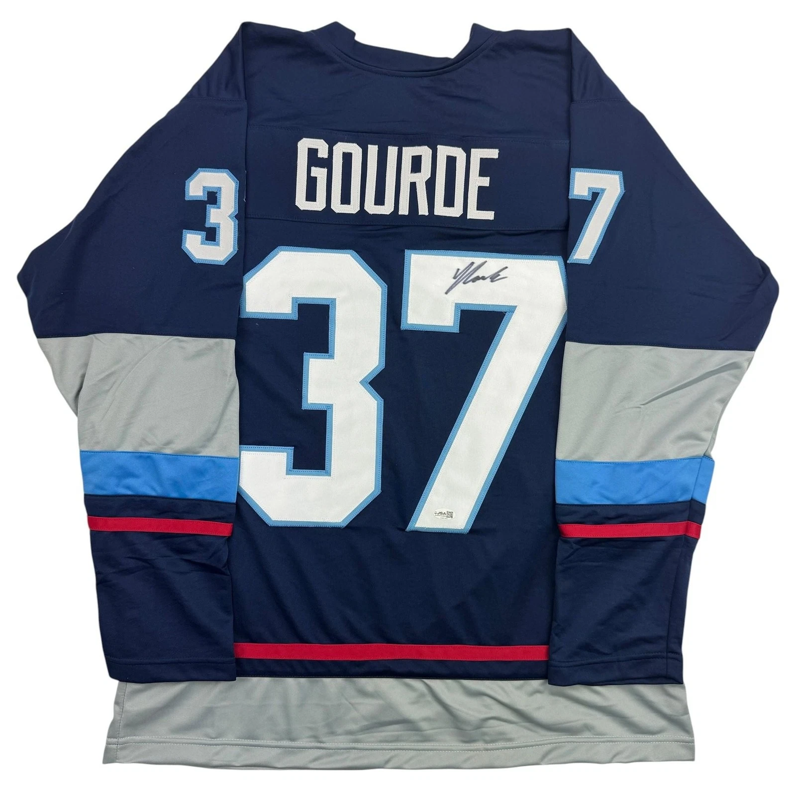 Autographed/Signed Yanni Gourde Seattle Blue Hockey Jersey JSA COA