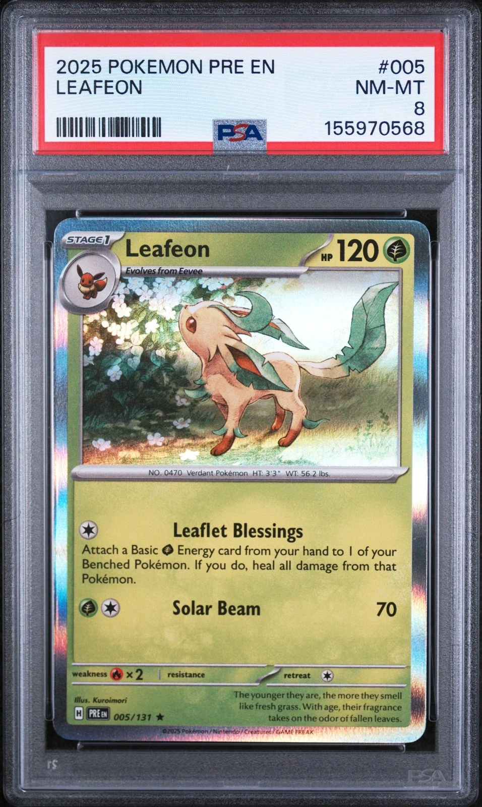 Graded 2025 Pokemon Pre En-Prismatic Evolutions Leafeon #005 Card PSA 8