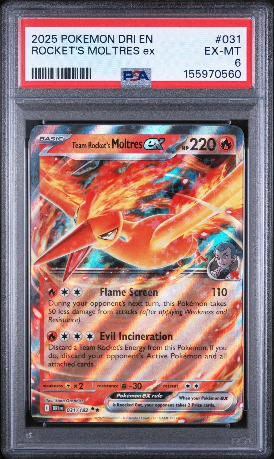 Graded 2025 Pokemon Destined Rivals Rocket's Moltres Ex #031 Card PSA 6