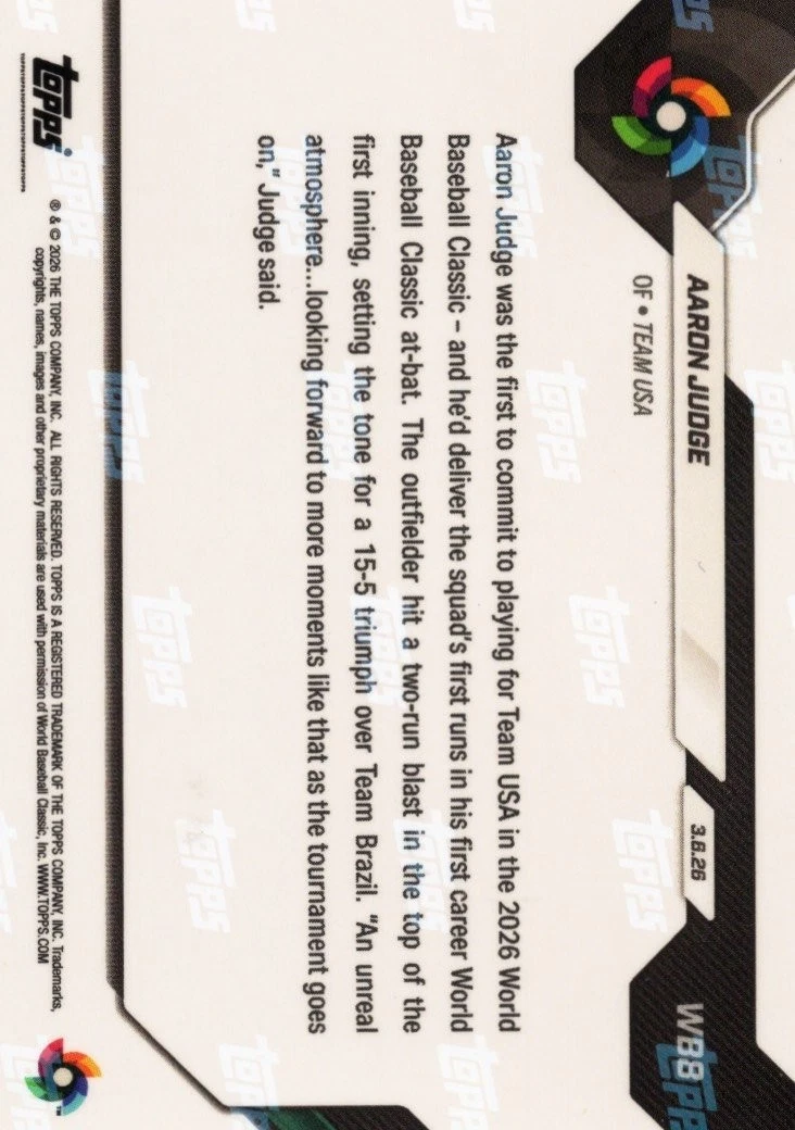 2026 Topps Now WBC Aaron Judge #WB8 Black Foil /10 Team USA Baseball Card