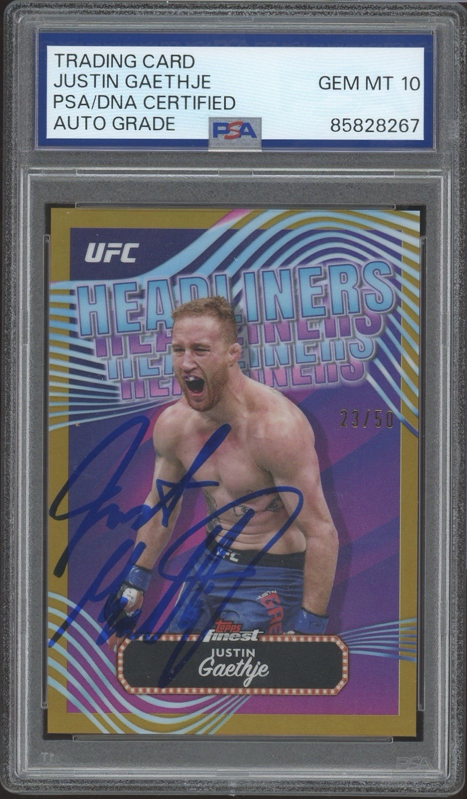 2024 Topps Finest UFC #HDL-11 Justin Gaethje Headliners Gold /50 PSA AUTO 10