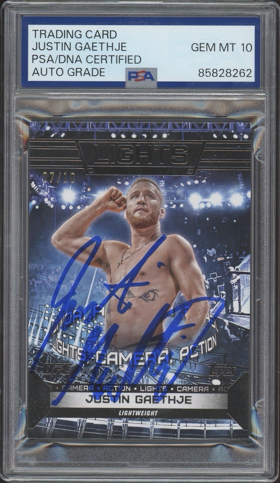 2024 Topps UFC Knockout Justin Gaethje Lights CameraAction Black /10 PSA AUTO 10