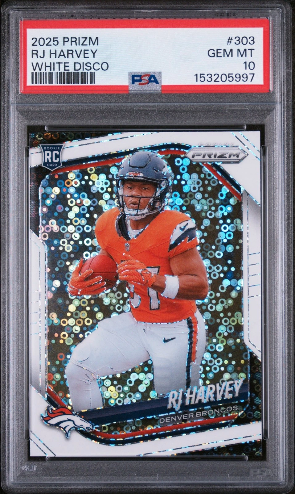 Graded 2025 Panini Prizm RJ Harvey #303 White Disco Rookie RC Card PSA 10