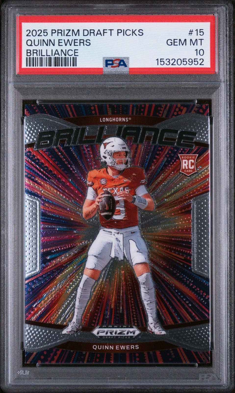 Graded 2025 Panini Prizm Quinn Ewers #15 Brilliance Rookie RC Card PSA 10