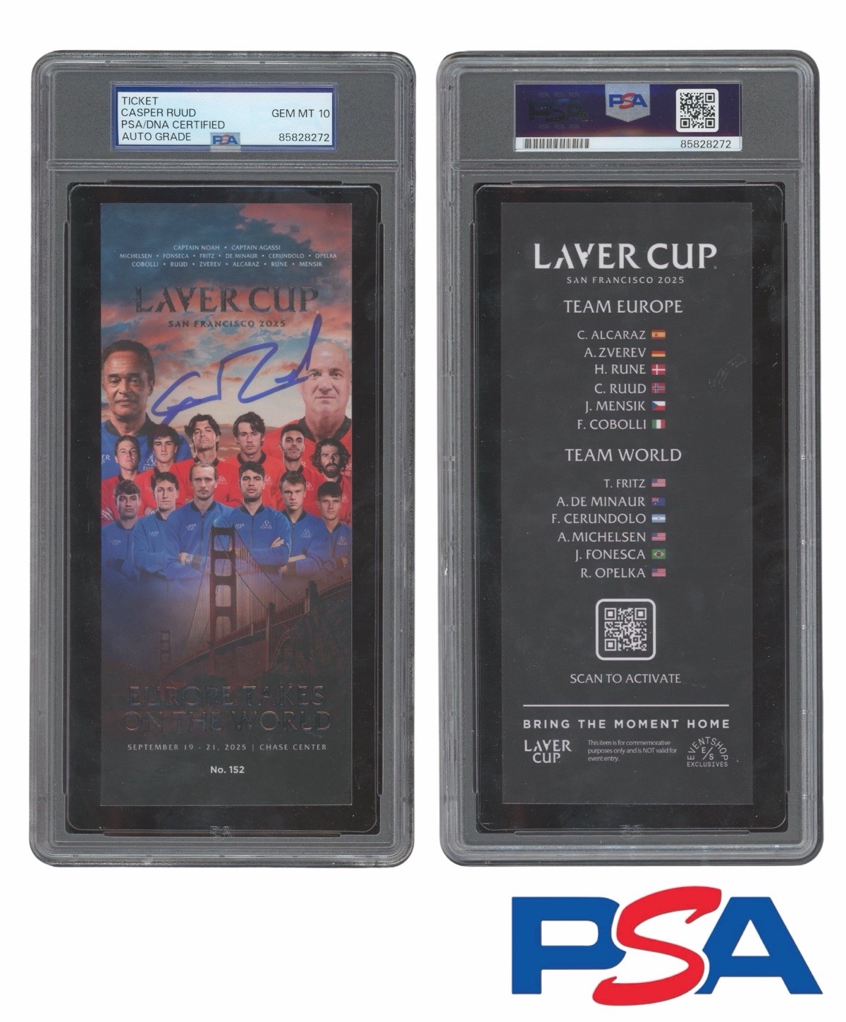 Casper Ruud Signed 2025 San Francisco Laver Cup Ticket Stub PSA GEM MT 10 AUTO