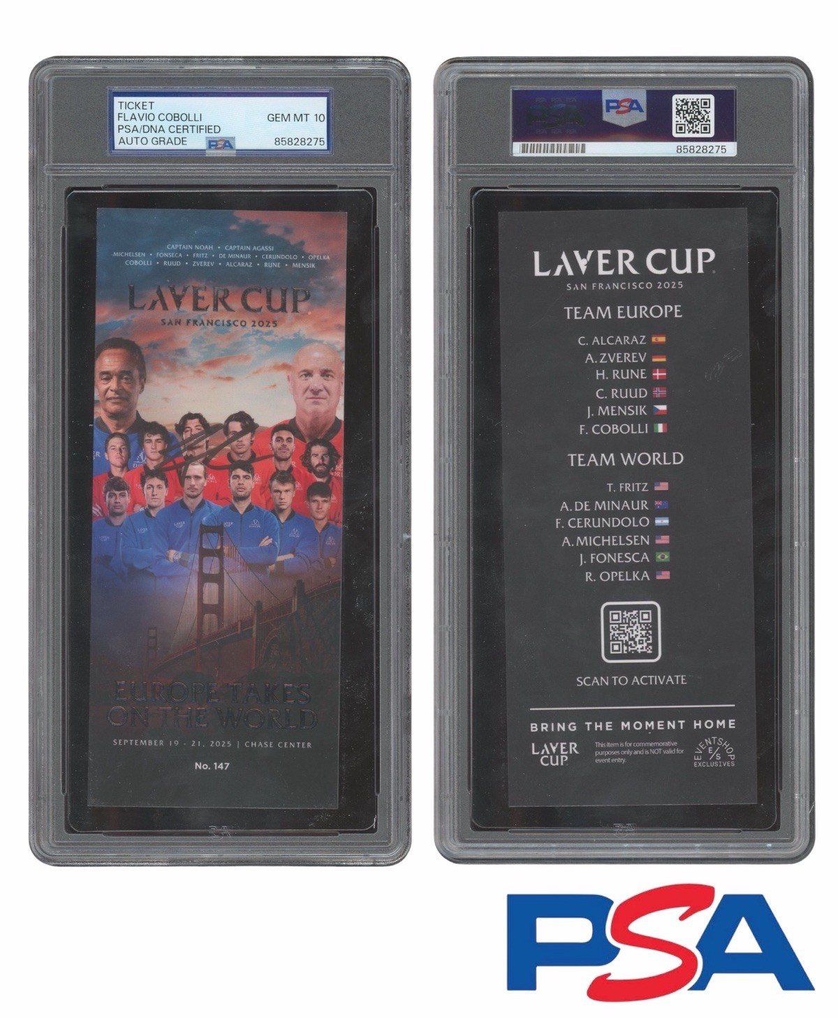 Flavio Cobolli Signed 2025 San Francisco Laver Cup Ticket Stub PSA GEM 10 AUTO